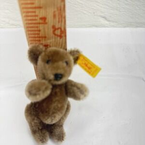 Vintage Miniature Steiff Jointed 3" Sitting Dark Brown Bear Tag And Button